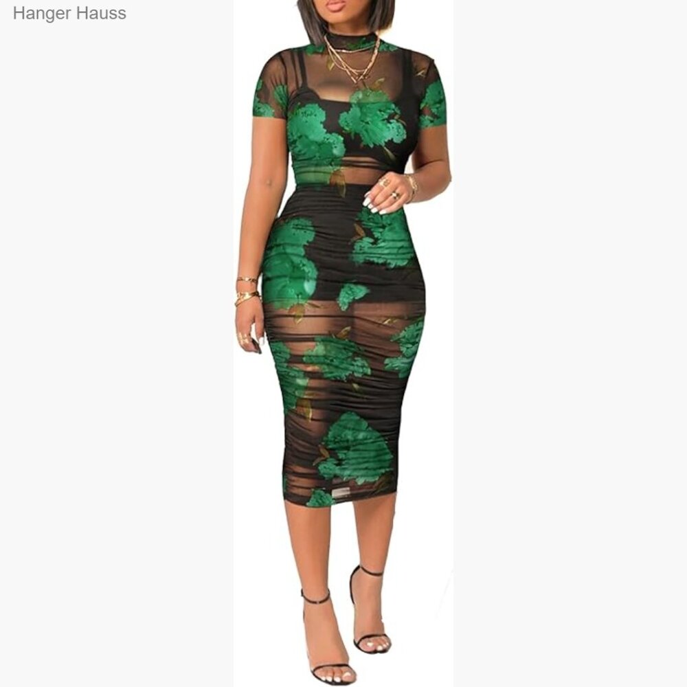 Sheer Mesh Bodycon Dress Set with Adjustable Strap Top Mini Skirt